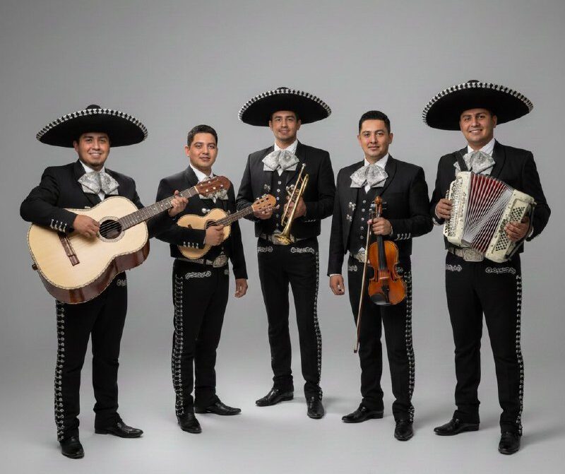 Integrantes del grupo Mariachi Reyes De México vestidos con trajes charros negros tocando guitarra, vihuela, trompeta, violín y acordeón para servicios de serenatas y eventos.