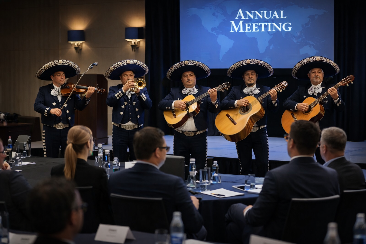 Mariachi Reyes De Mèxico tocando en una reunión anual corporativa, con trajes azul marino y plata, interpretando violín, trompeta, guitarras y guitarrón frente a ejecutivos en un salón elegante.