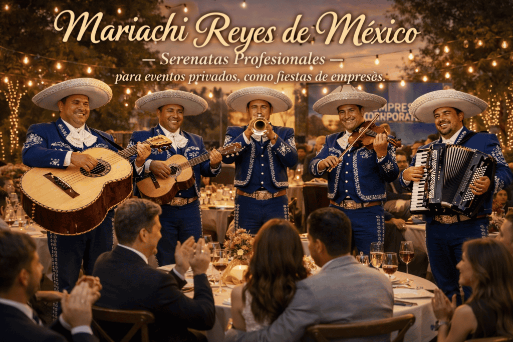 Mariachi Reyes De México interpretando serenata profesional en evento privado con trajes charros azul marino tocando trompeta, guitarrón, guitarra, violín y acordeón frente a invitados.
