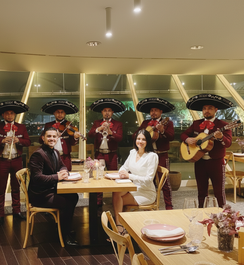 Mariachi Reyes De México ofreciendo serenata en restaurante con trajes charros color vino con bordados plateados, interpretando música mexicana con violines, trompeta, vihuela, guitarra y guitarrón para una pareja.
