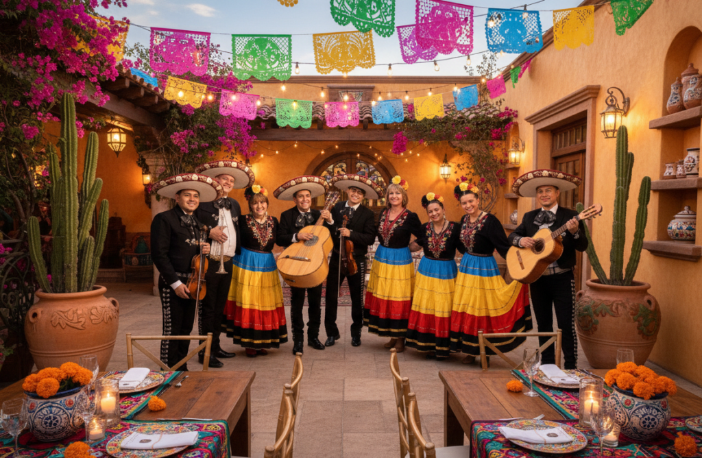 Mariachi Reyes De México acompañado de bailarinas folklóricas con vestidos tradicionales multicolor interpretando música mexicana en evento cultural decorado con papel picado y trajes charros negros.