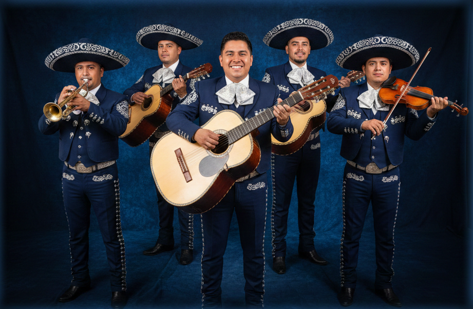 Integrantes del Mariachi Reyes De México con trajes charros azul marino tocando trompeta, guitarras y violín durante presentaciones musicales para serenatas y eventos.