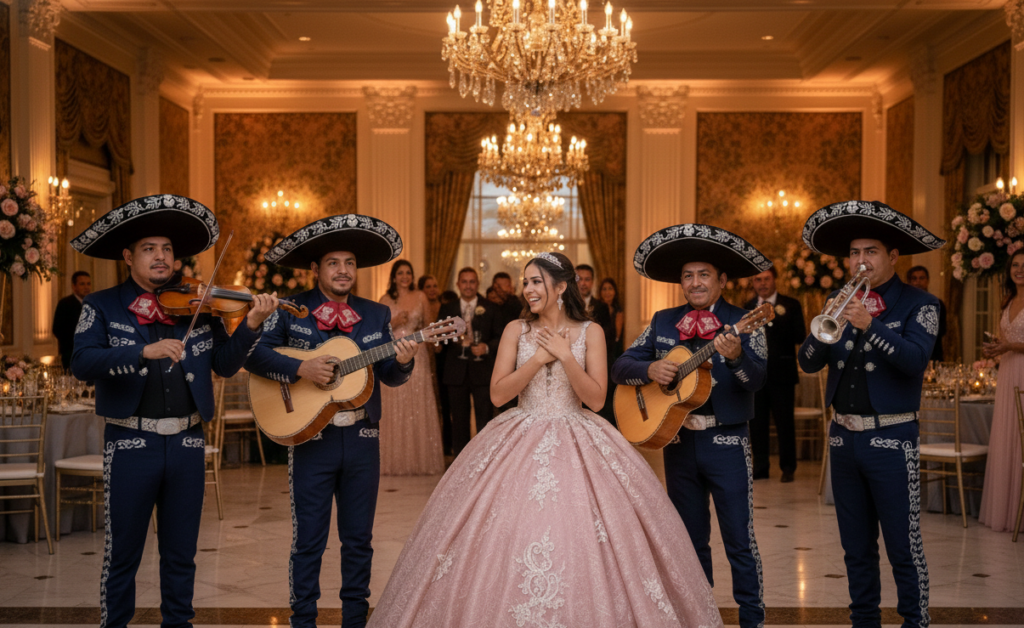 Mariachi Reyes De México interpretando serenata en elegante salón de bodas, con trajes charros color azul marino, moños rojos y tocando violín, guitarras y trompeta frente a quinceañera con vestido rosa.