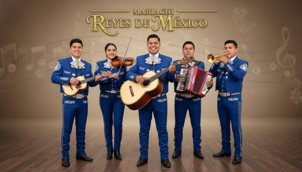 Integrantes del grupo Mariachi Reyes De México posando con instrumentos musicales tradicionales, vistiendo trajes charros azules mientras promocionan sus servicios profesionales de serenatas y eventos.