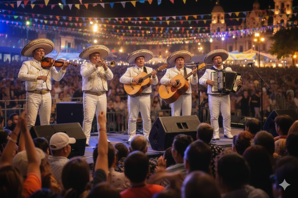 Mariachi Reyes De México presentándose en concierto en vivo con trajes charros color blanco con bordados dorados, interpretando música mexicana con violín, trompeta, guitarras, guitarrón y acordeón frente a una gran audiencia.