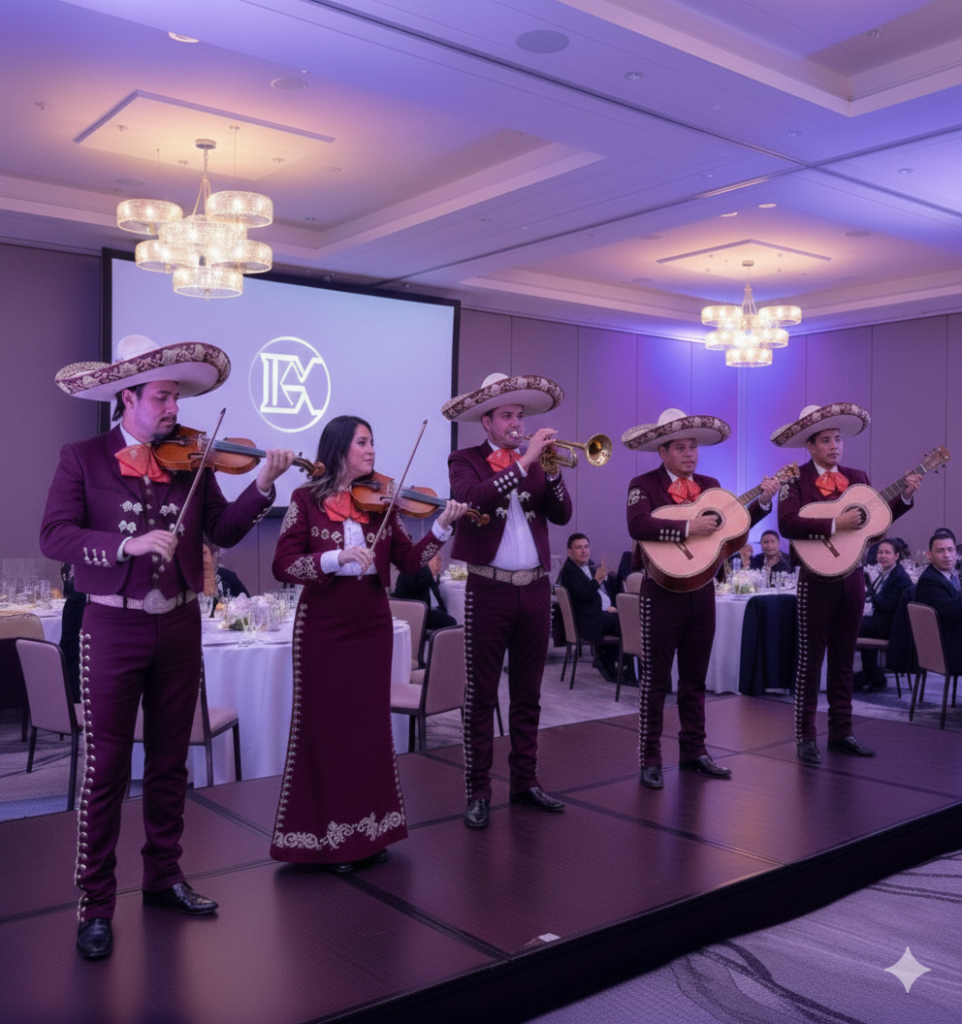 Mariachi Reyes De México actuando en evento corporativo en Valencia, con trajes color vino bordados en plata, tocando violines, trompeta, guitarra y guitarrón sobre escenario elegante.