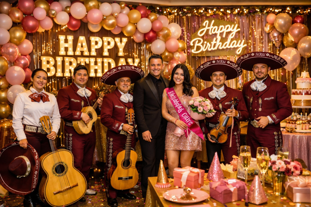 Mariachi Reyes De México en fiesta de cumpleaños sorpresa, con trajes color vino bordados en plata, tocando violín, guitarras y guitarrón junto a la festejada frente a decoración dorada y globos.