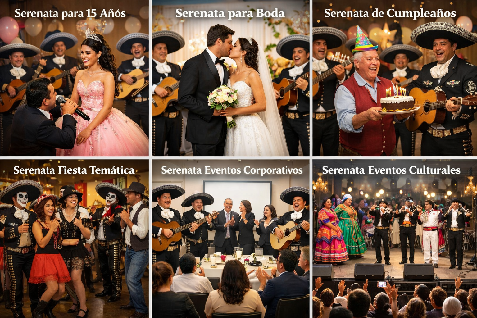 Collage de servicios del Mariachi Reyes De México mostrando serenatas para 15 años, bodas, cumpleaños, fiestas temáticas, eventos corporativos y eventos culturales con trajes charros negros y blancos tocando guitarras, trompetas, violines, vihuela y guitarrón.